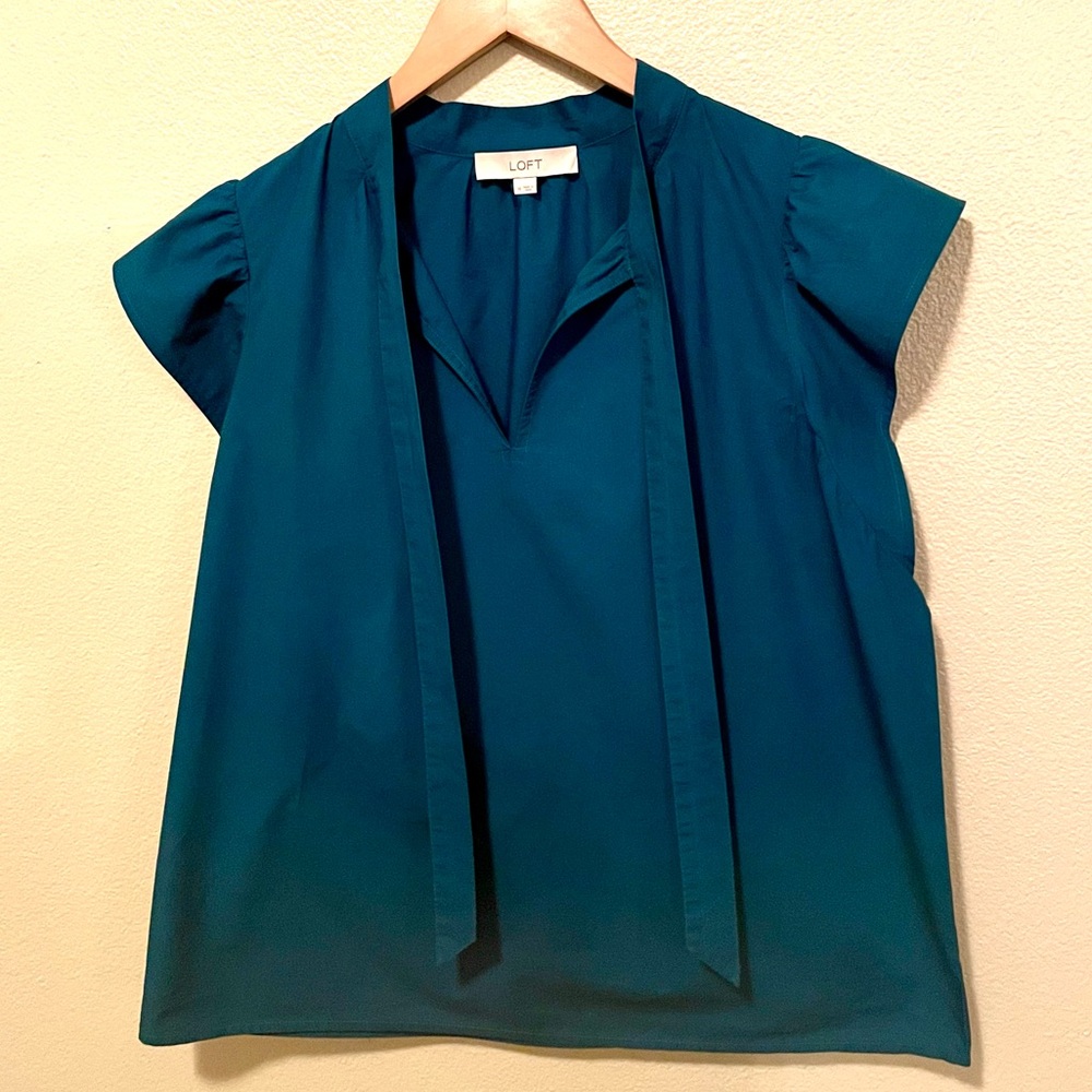 LOFT Deep Teal Tie-Neck Cap Sleeve Blouse | Medium